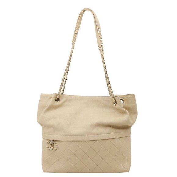 Chanel  Zip Carry Crumpled Grained Calfskin leather Shopping Tote Bag Beige - Picture 1 of 14
